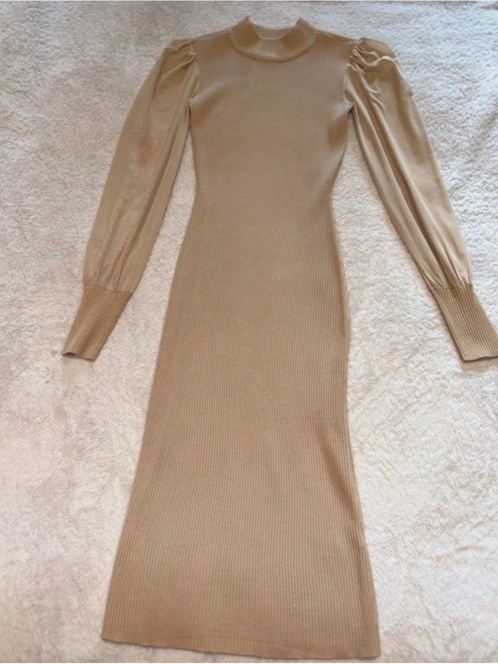 Source Unknown Beige Ribbed Puff-Sleeve Long Sleeve Midi Dress